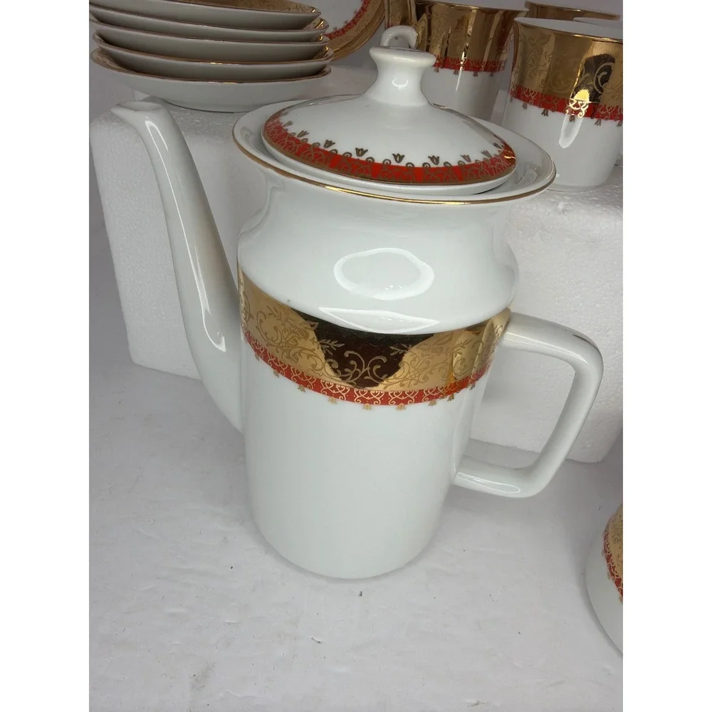 Vintage Epiag Czechoslovakia Porcelain Coffee Tea Set Gold Red 13 Piece Set
